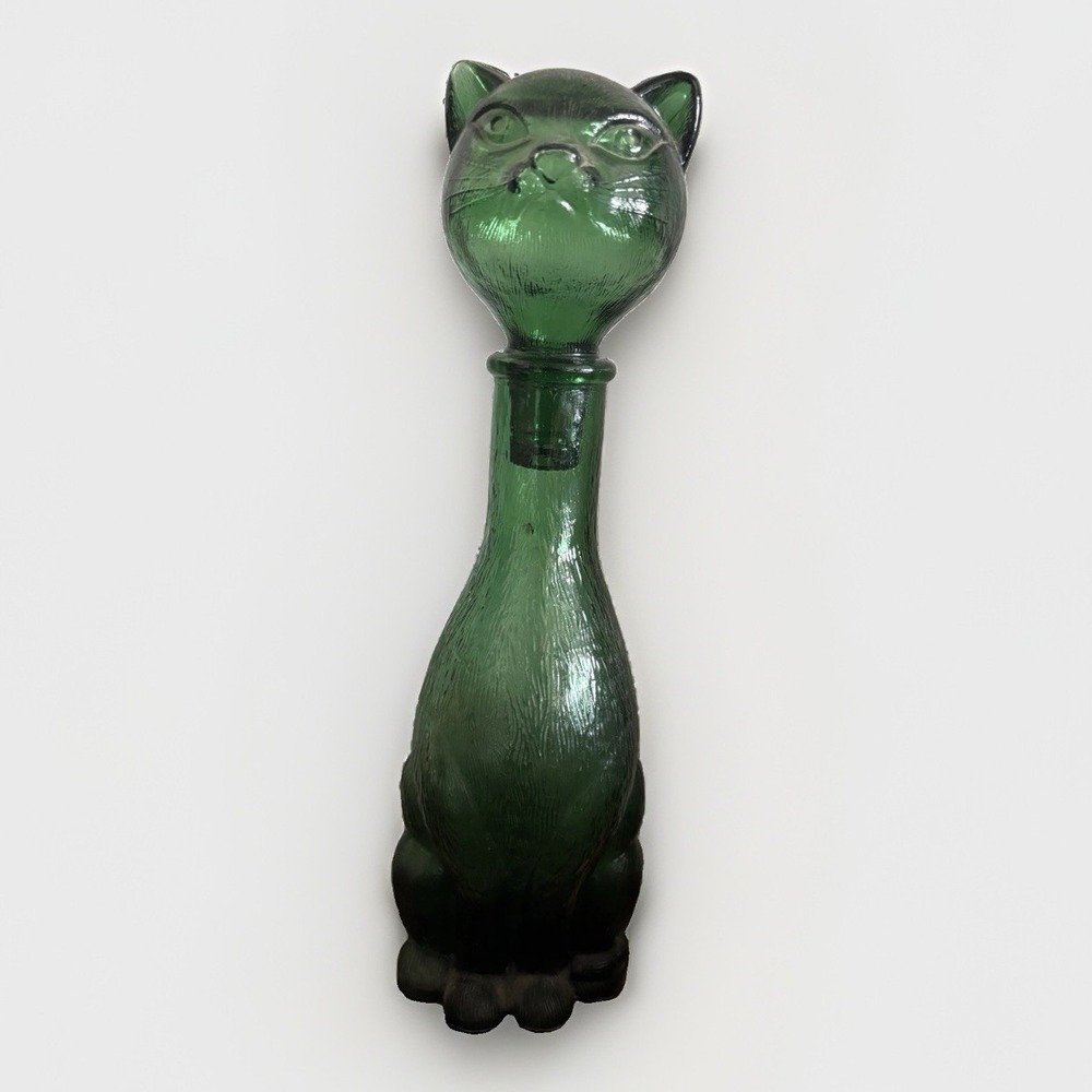 Empoli Mid-20th Century Italian Green Glass Cat Decanter Bottle 14.5" Tall